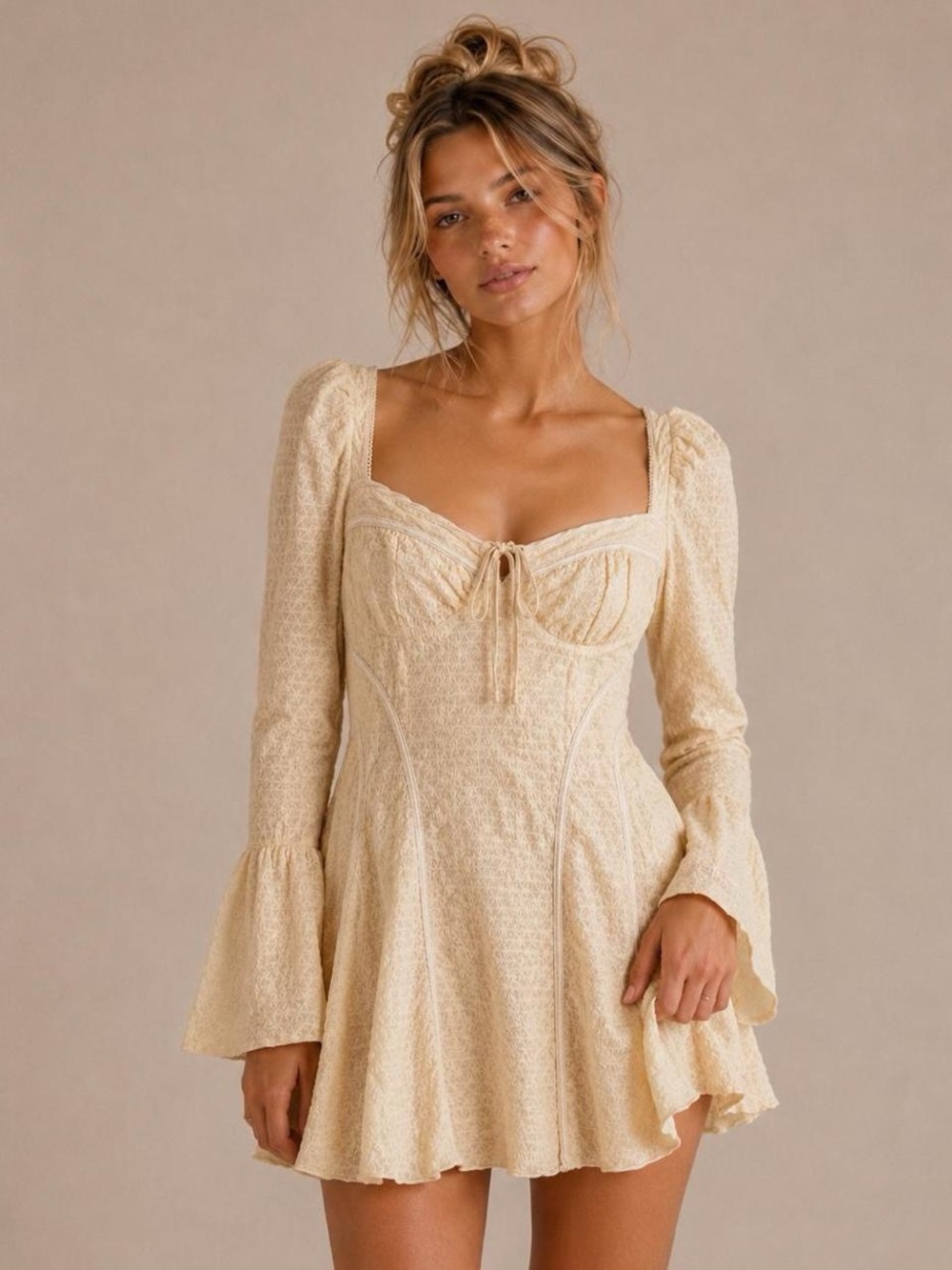 Cream Long-Sleeve Sweetheart Mini Dress